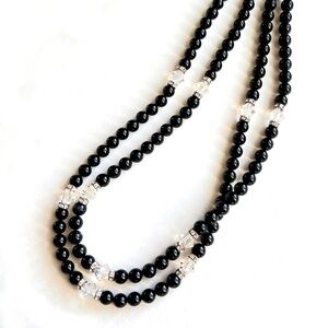 Vintage Black Onyx Double Strand Necklace, Faceted Czech Crystal, Silver Rondels